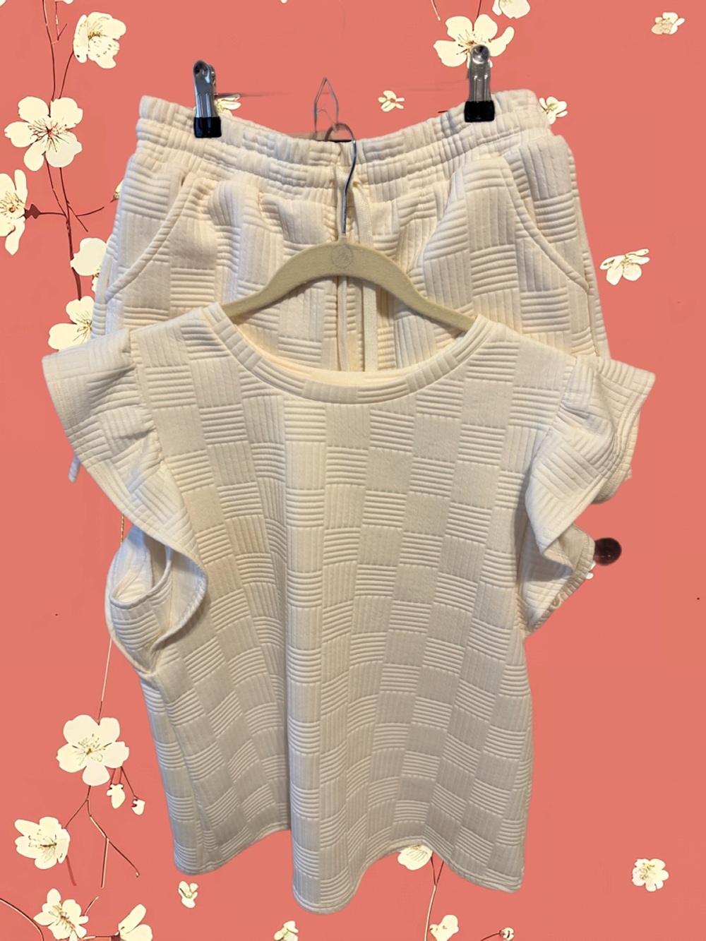 Textured Cream Two-Piece Set - Short Sleeve Top & Drawstring Shorts